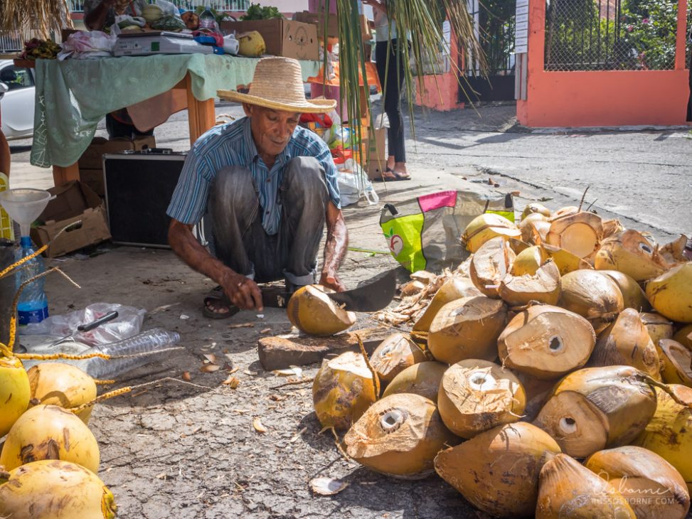 Guy with machete chopping into coconuts